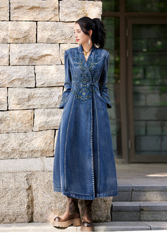 New Denim Maxi Embroidered Long-Sleeved Dress100% Cotton