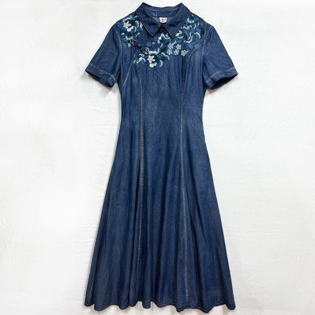 Slimming Embroidered Denim Long Skirt Retro Design Sense Improved Cheongsam Dress