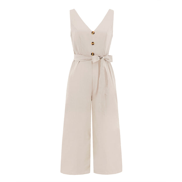 Fashion Sexy Slim Fit Sleeveless Button V-Neck Jumpsuit