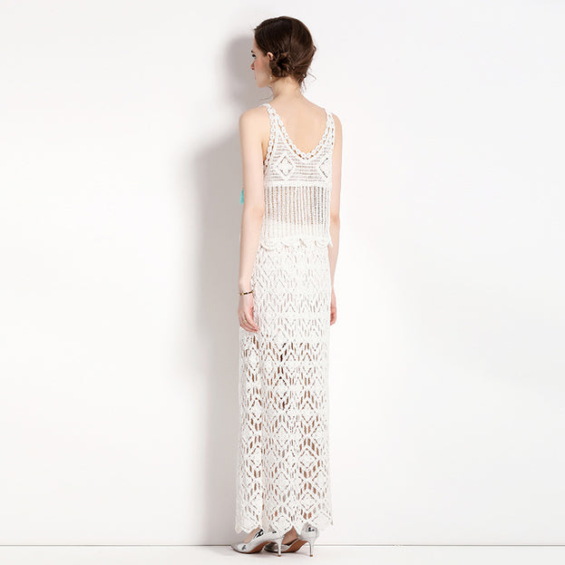Summer Suspender short style hook flower vest + mid-length skirt two-piece suit
