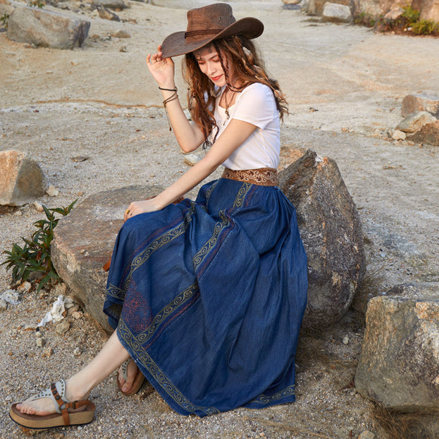 New Heavy Industry Embroidery Denim Long Skirt for Summer