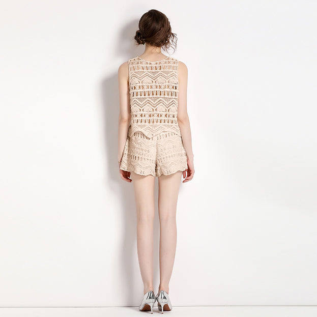 Loose 100 Match Tassel Hook Flower Vest Top + Shorts Two Piece Suit
