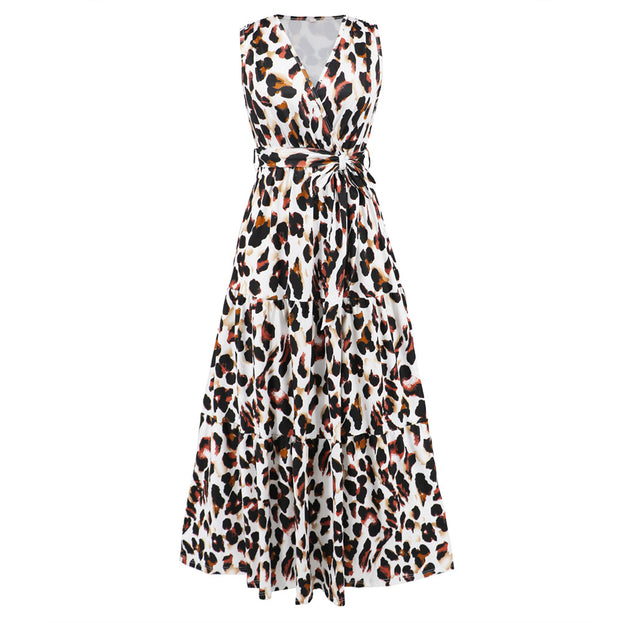 V-Neck Leopard Print Slimming Lace Up Dress