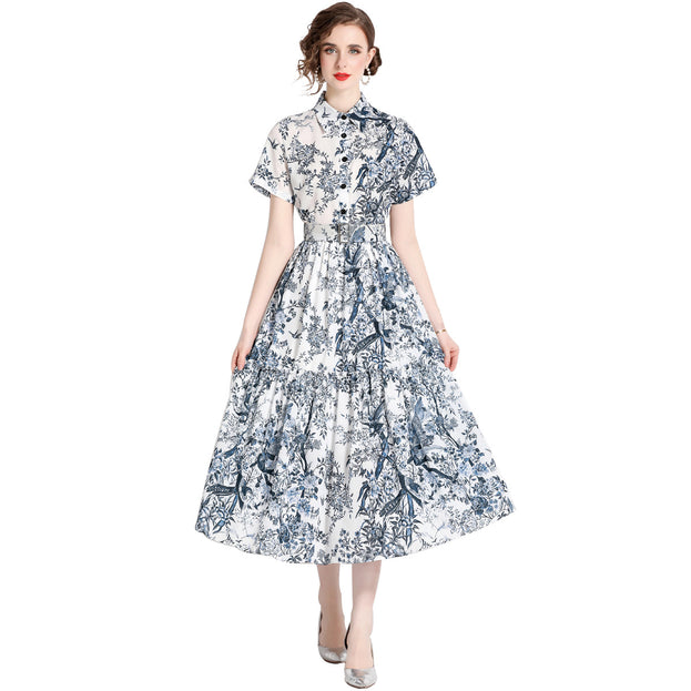 New Women's Slim Mid-Length Printed Short-Sleeved Shirt Dress