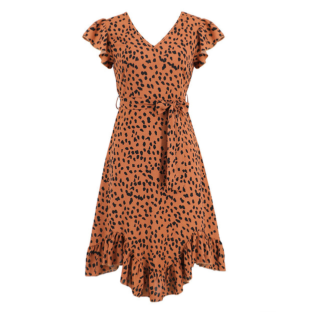 V-Neck Ruffle Short Sleeved Leopard Print Skirt with Irregular Hem Dress