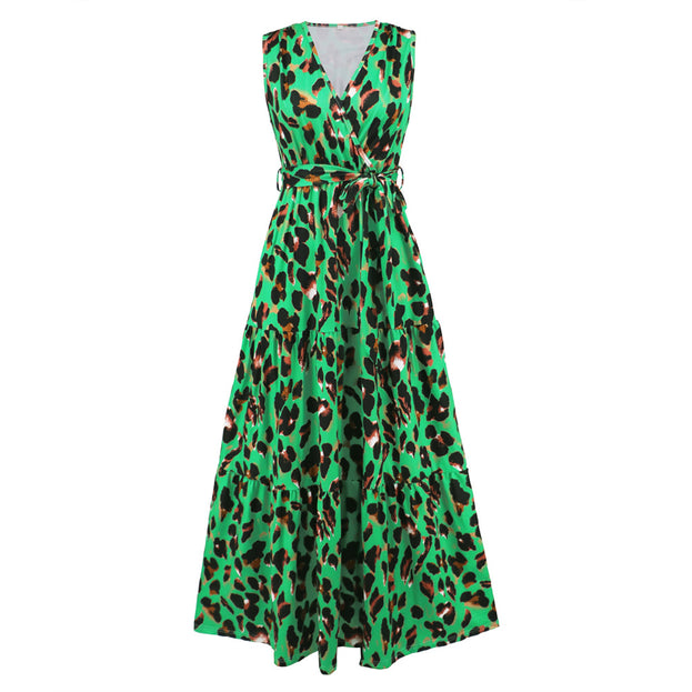 V-Neck Leopard Print Slimming Lace Up Dress