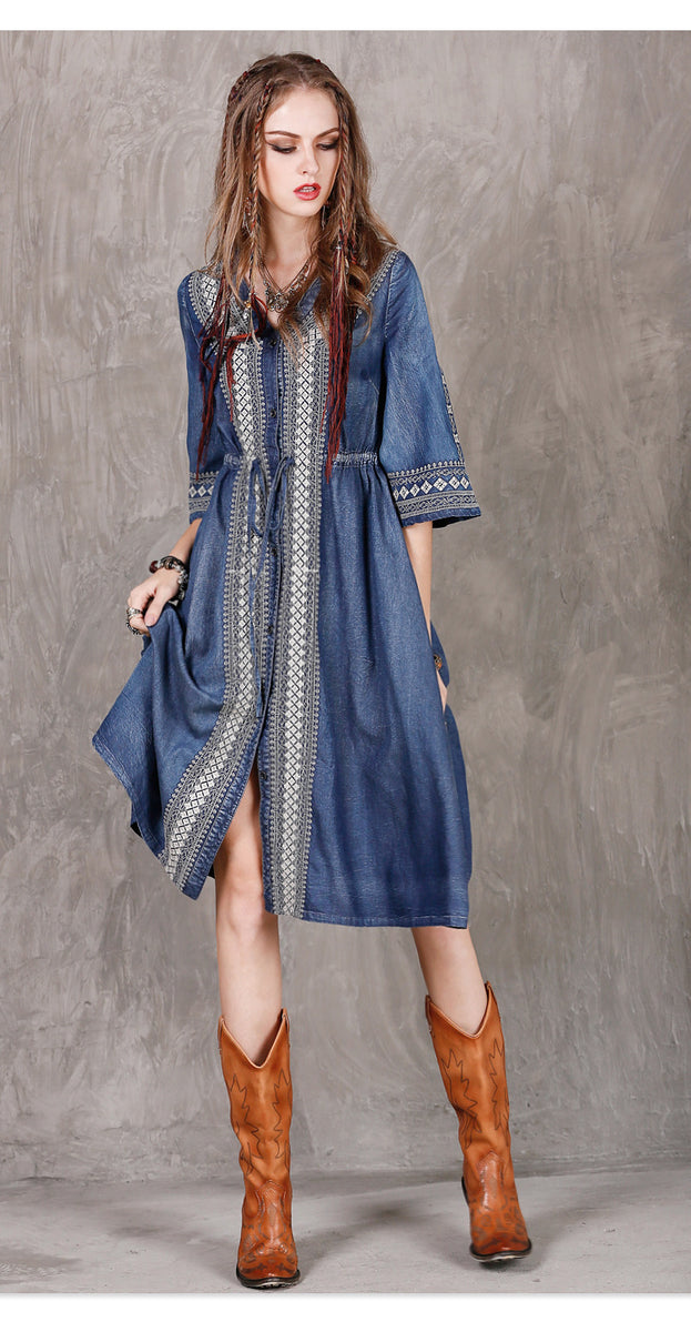 New Large Size Denim Skirt National Style Embroidery Drawstring Casual Dress