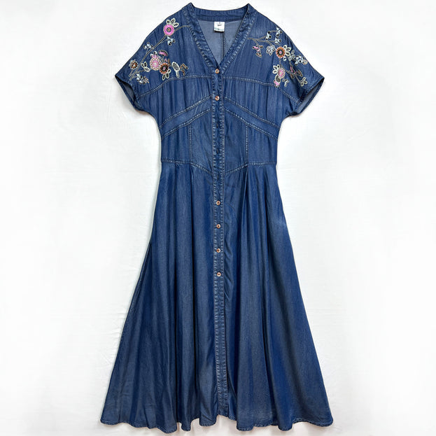 V-Neck Temperament Slimming Cardigan Dress 2023 Summer New Vintage Heavy Industry Embroidered Denim Long Skirt
