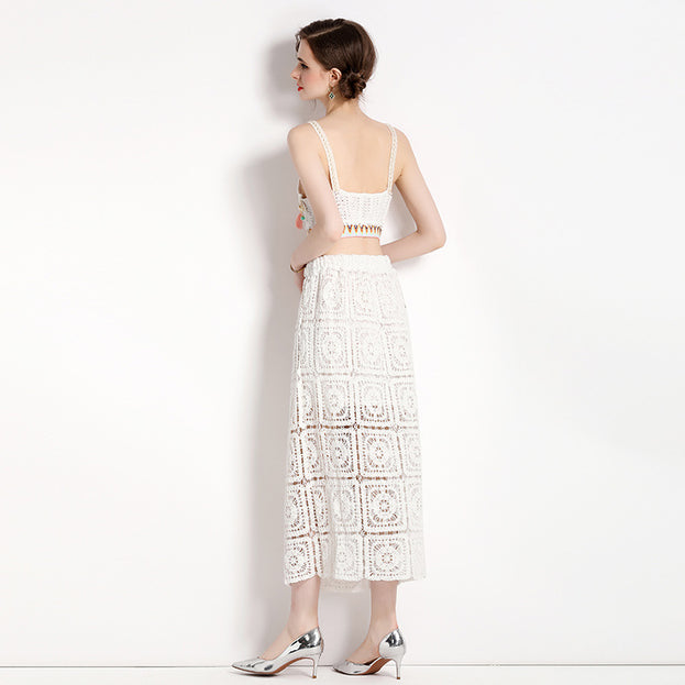 Embroidery Hollowed Out V-Neck Short Style Suspender Top + Bag Hip Half Skirt Two-Piece Suit