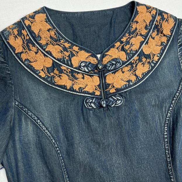 New Fishtail Denim Skirt Embroidery Ethnic Style Handmade Coil Button Dress