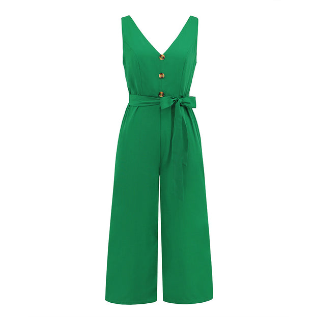 Fashion Sexy Slim Fit Sleeveless Button V-Neck Jumpsuit