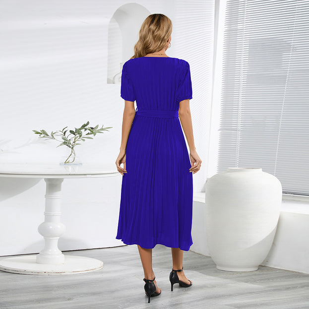 Summer's New V-Neck Pleated Skirt Slim Temperament Long Dress