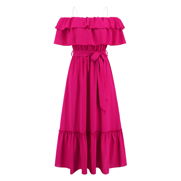 Solid sexy one line neck off shoulder mid length dress