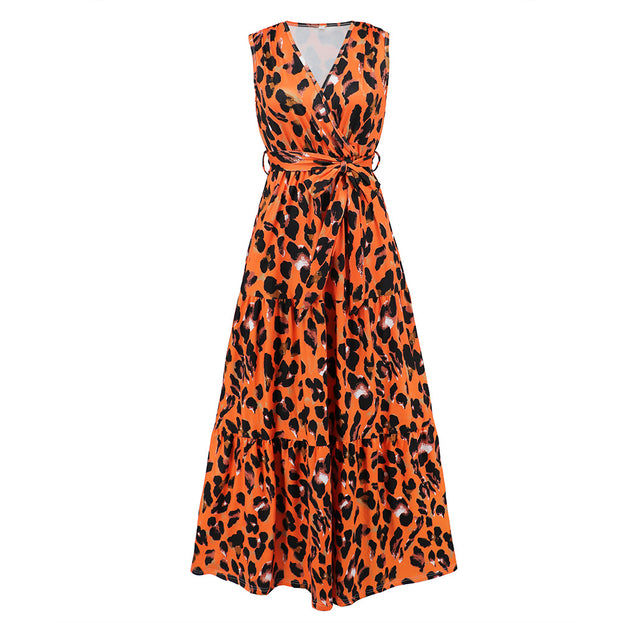 V-Neck Leopard Print Slimming Lace Up Dress