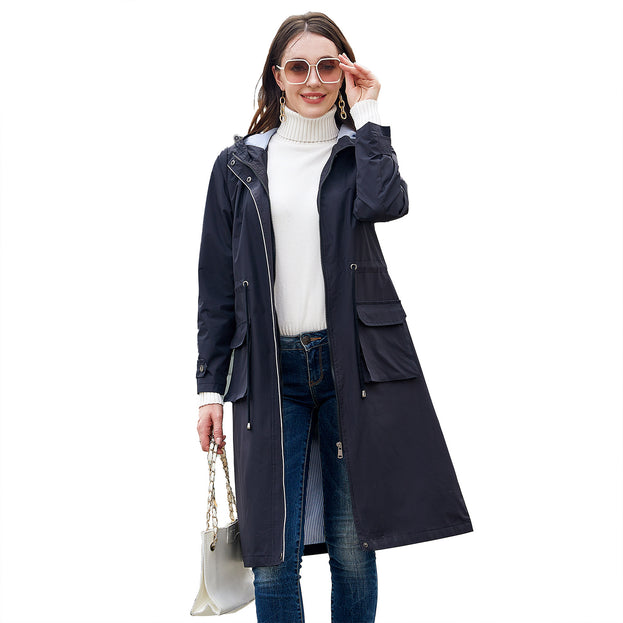 Long Casual Windbreaker Hooded Solid Color Top Striped Lining Straight Coat