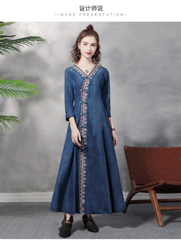 Slim Denim Skirt Vintage Embroidery V-Neck Coil Buckle Mid-Sleeve Dress