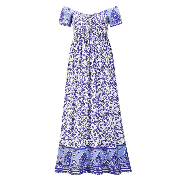 New Short Sleeve Floral Open Back Waist A-Line Dress
