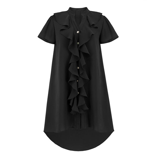 Ruffle Lace Open Button Shirt Dress V Neck Plus Size Dress
