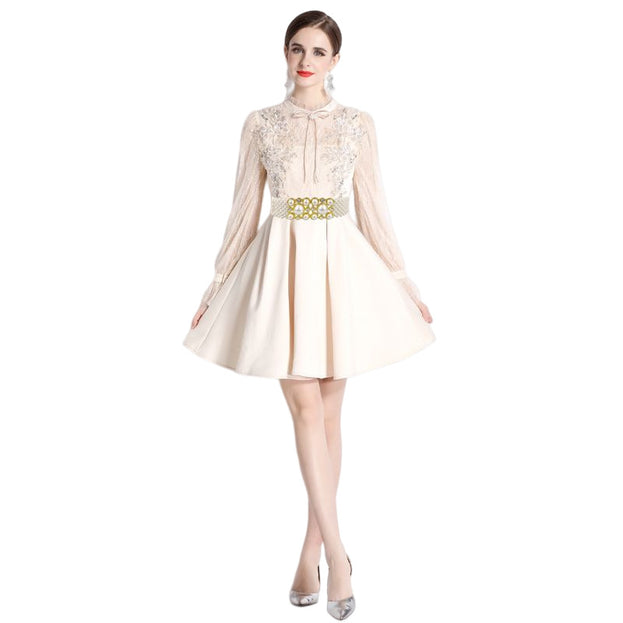 New Temperament Slimming Embroidery Heavy Industry Lace Long-Sleeved Beaded Dress