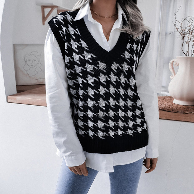 V-Neck Thousand Bird Plaid Casual Loose Knitted Vest Sweater Vest