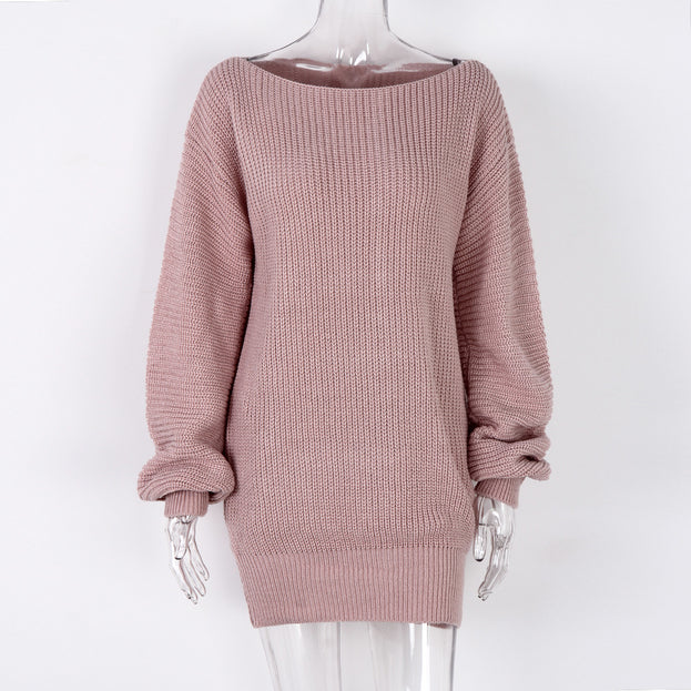 Long Sleeved Line Neck Casual Loose Knitted Sweater Dress