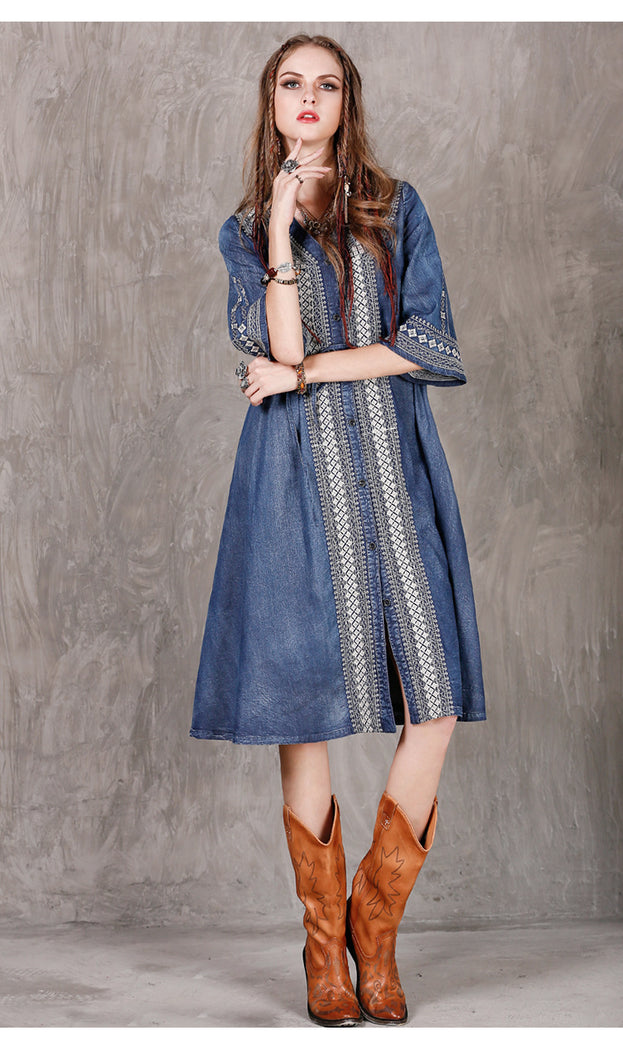 New Large Size Denim Skirt National Style Embroidery Drawstring Casual Dress
