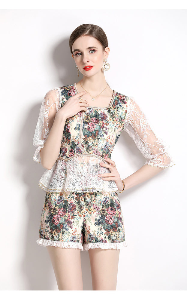 Summer new vintage top and shorts two-piece set