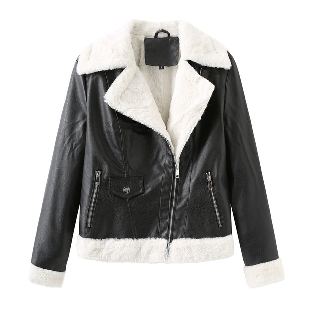 New Plus Fleece Leather Warm Long Sleeve Lapel Coat Commuter Casual Jacket