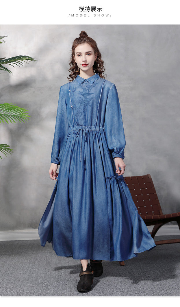 Long Sleeve Big Swing Embroidered Denim Dress