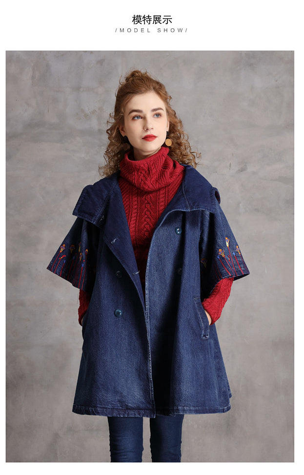 Embroidered Hooded Denim Coat Vintage Loose in a Stylish Doodle
