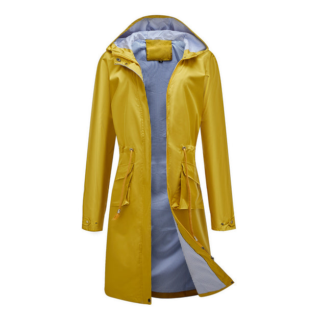 Long Casual Windbreaker Hooded Solid Color Top Striped Lining Straight Coat
