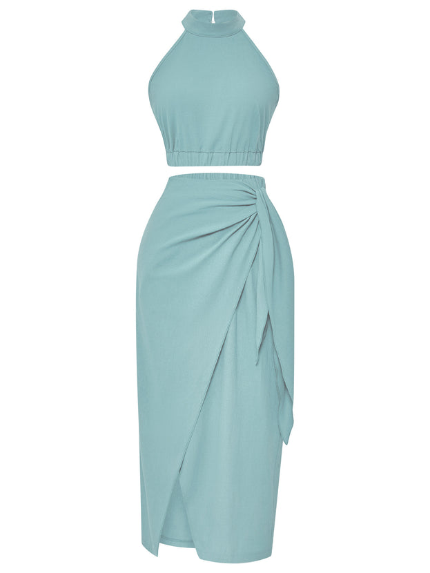 Solid Color Casual Hanging Neck Sleeveless Skirt Suit