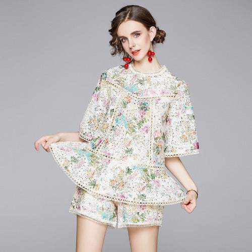 New Hollowed Out Embroidered Printed Top Shorts Loose Temperament Floral Two-Piece Set
