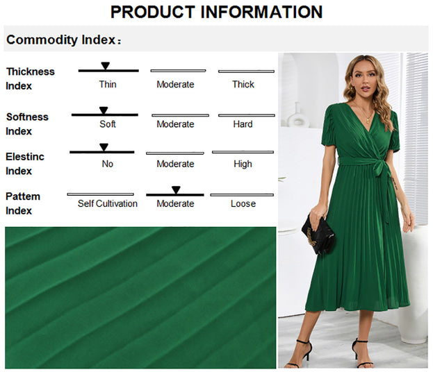 Summer's New V-Neck Pleated Skirt Slim Temperament Long Dress