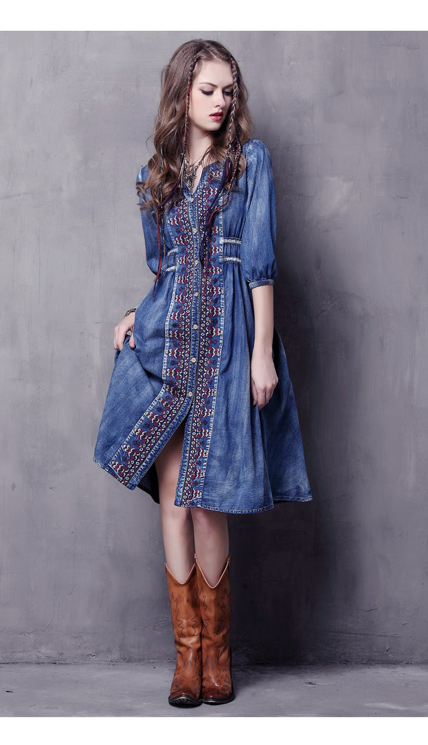 New Vintage Denim Embroidered Dress for 2023
