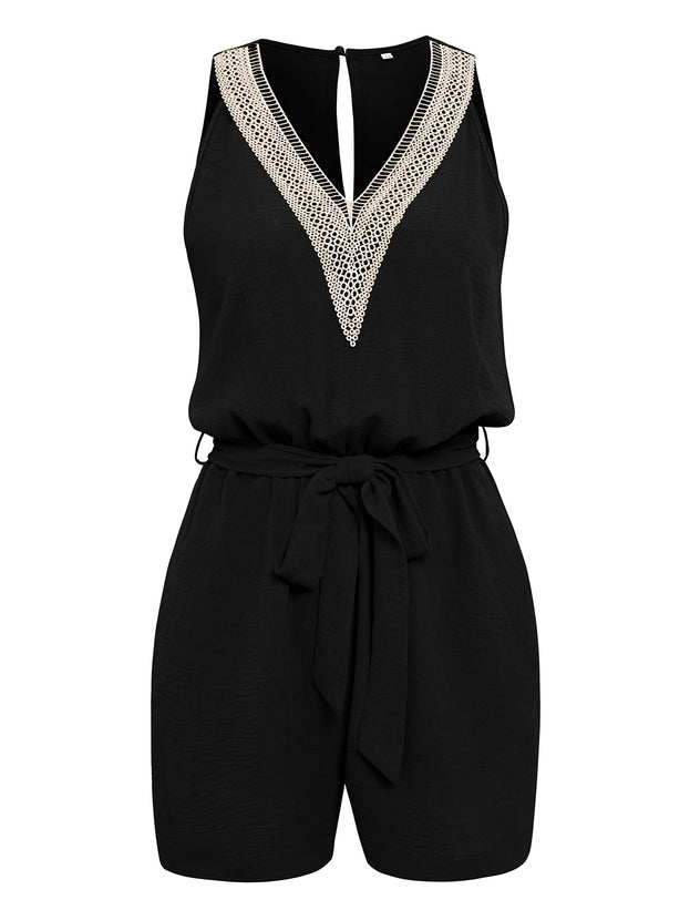 Women's Casual Lace V-Neck Solid Color Sleeveless Jumpsuit