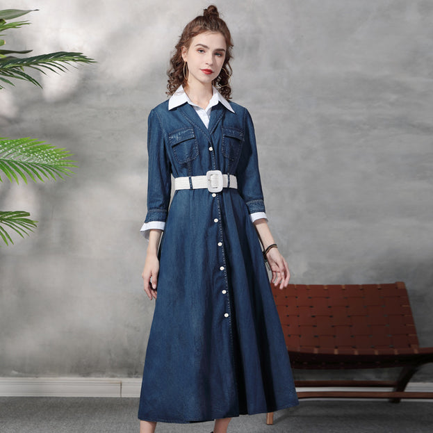 New Suit Neck Denim Dress Retro Temperament Slimming Waist Showing Fake Two Long Dresses