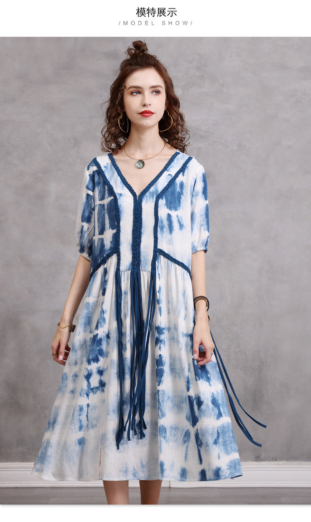 Loose Large Size Women's 2023 Summer New Braided Rope Tie-Dye MIDI Dress Elegant Cotton Hemp Dress