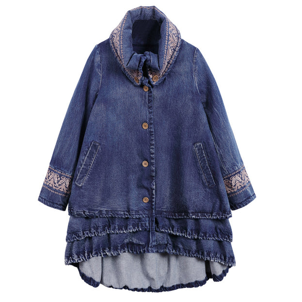 New Stand-Up Collar Denim Trench Coat Women's Vintage Embroidery Loose Mid-Length Coat