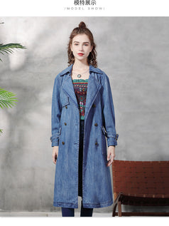New Large Lapel Long Windbreaker Female Retro Loose Large Size Double-Breasted Denim Coat