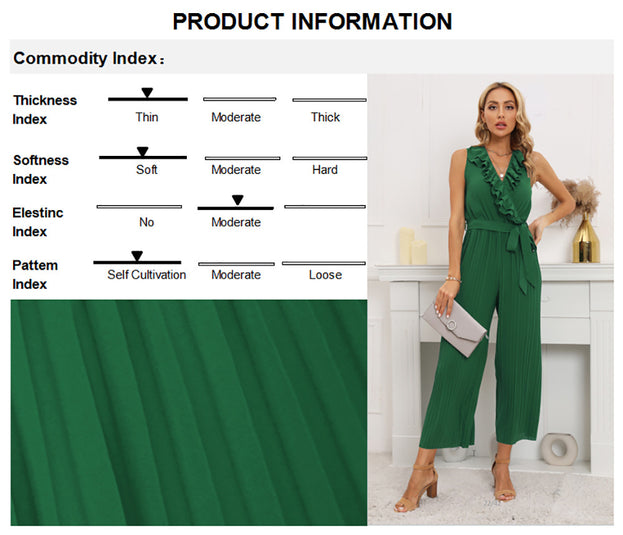 New Sleeveless V-Neck Pleated Pleated Jumpsuit with Lotus Leaf Lace