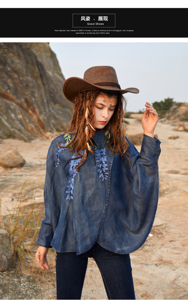Vintage Heavy Industry Embroidery Loose Lapel Denim Top