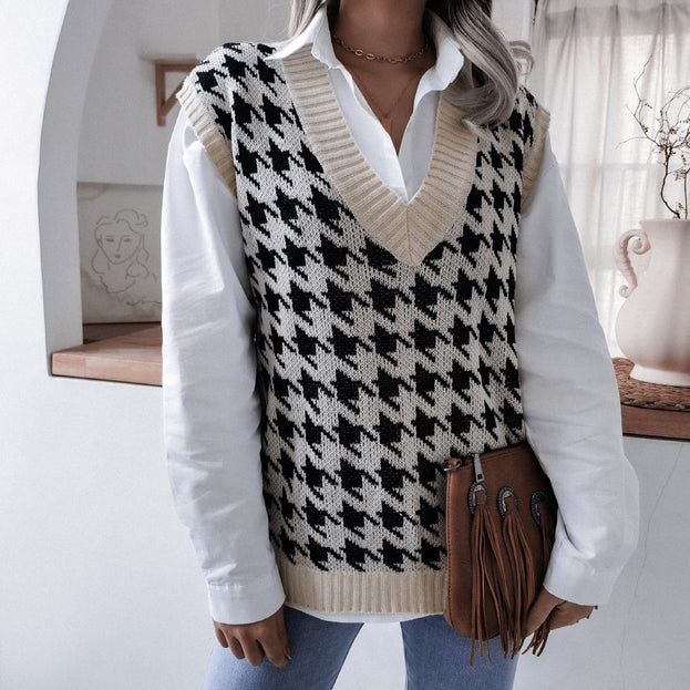 V-Neck Thousand Bird Plaid Casual Loose Knitted Vest Sweater Vest