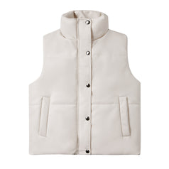 Women's Leather Vest Sleeveless Clip Cotton Zipper Cotton Suit Fashion Stand-Up Collar Coat