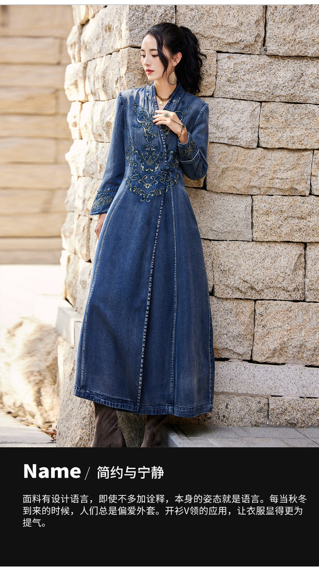 New Denim Maxi Embroidered Long-Sleeved Dress100% Cotton