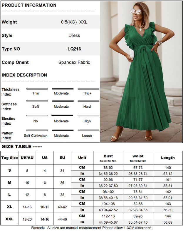 Fashion Slim Sexy Lotus Leaf Sleeve Chiffon Pleated Skirt Solid Color Dress