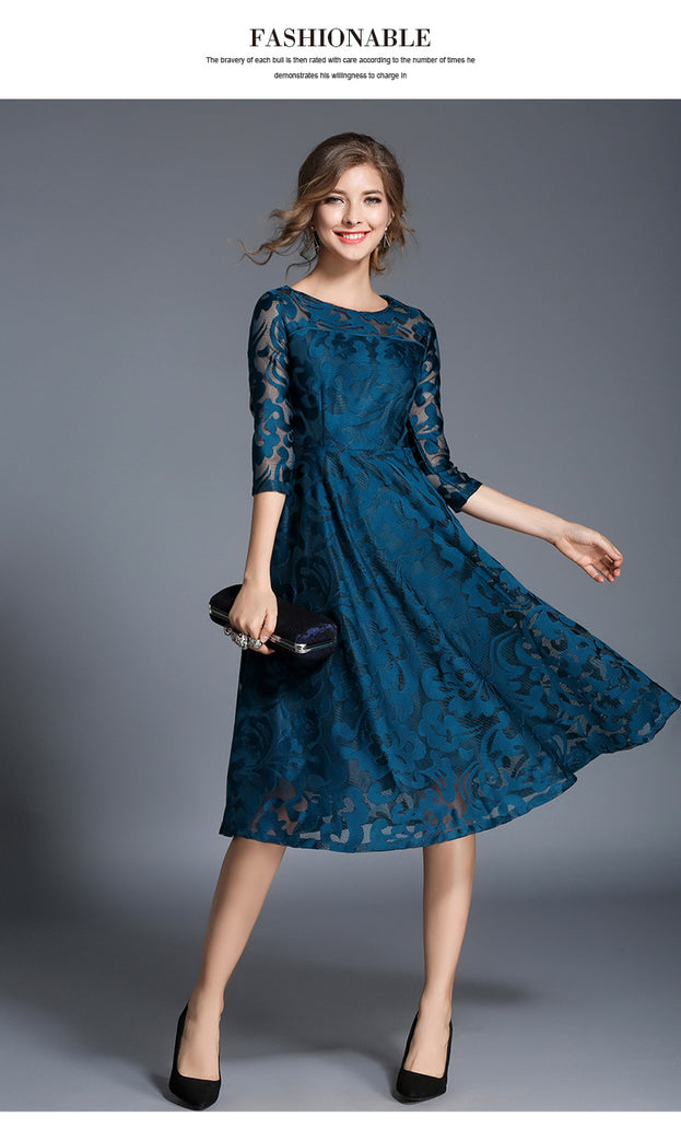 Slim Mid-Length Lace Dress with Large Swing