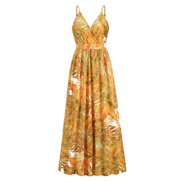 New Boho Print Maxi Skirt Sexy V-Neck Halter Dress
