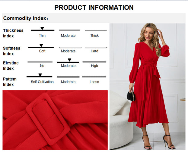 New Long-Sleeved Slim Pleated Belt V-Neck Dress