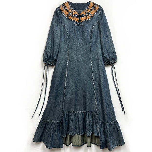 New Fishtail Denim Skirt Embroidery Ethnic Style Handmade Coil Button Dress
